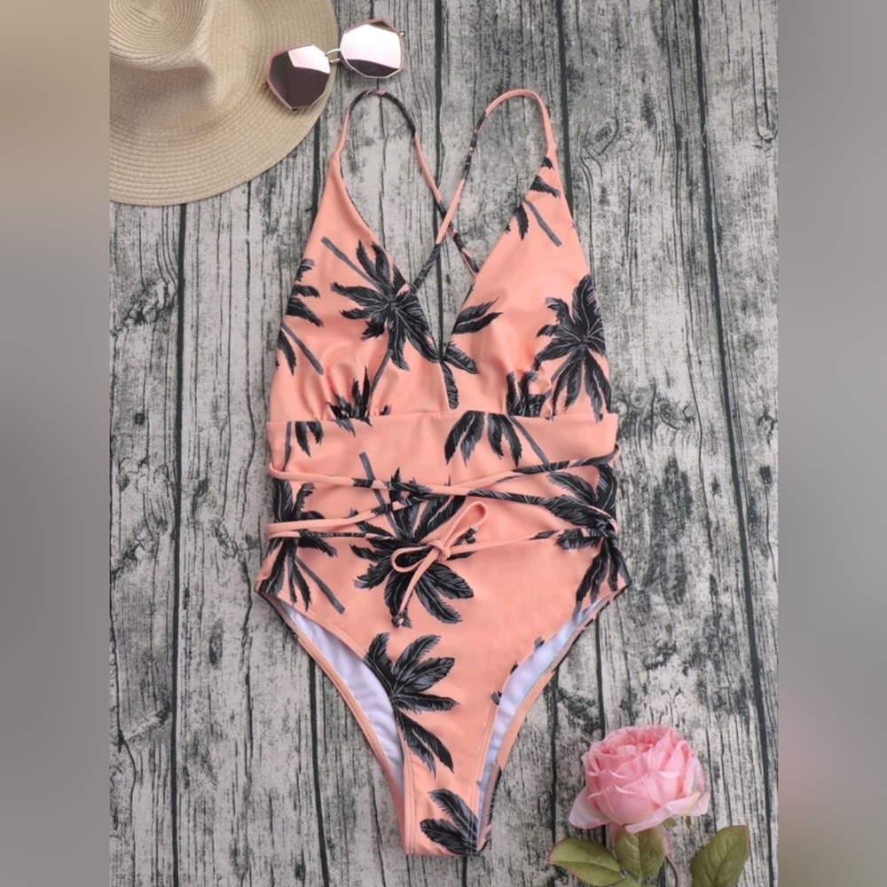 Tropical print criss cross one piece swimsuit